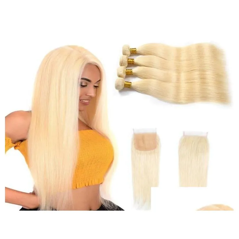 Mänskligt hår wefts med stängning peruansk 613 blond rak remy 5 stycken en set buntar 4x4 spets silkeslen hår1243719 droppleveransprod ot4t3