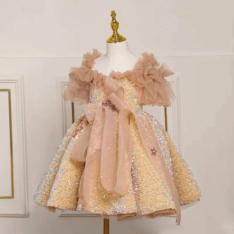 Robe de bal pour enfants ChicTulle sur l'épaule robes de princesse à paillettes dorées enfants filles fête Costume de spectacle robe de bal 2023 240318