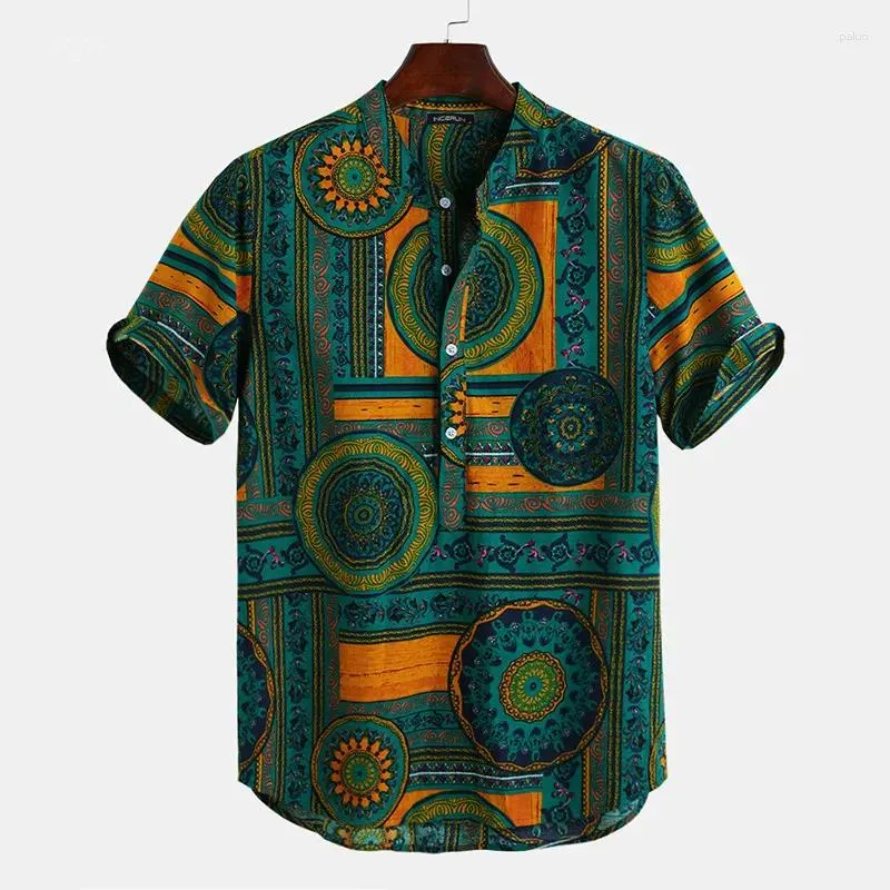 Heren T-shirts Mode Etnische Pullover Shirt Hawaiian Harajuku Vintage Korte Mouw Man Button Up Hawaii Beach Chemise Homme