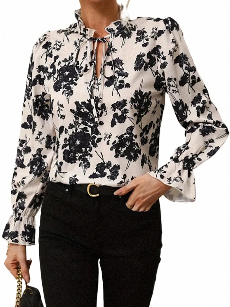 Blusa de manga con volante y cuello con estampado floral de talla grande para mujer K8Kn #