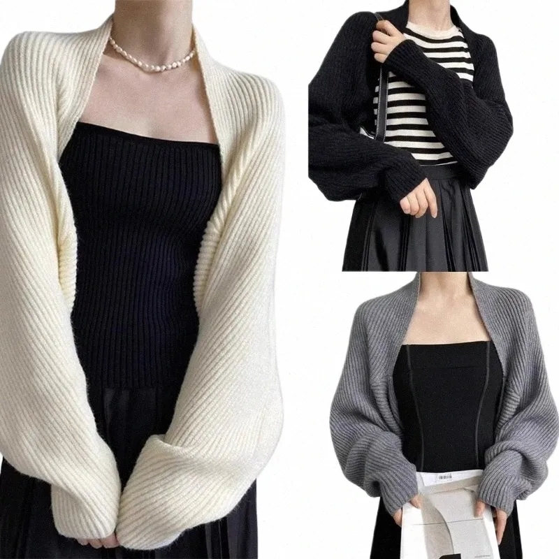 Outono feminino aberto Frt encolhe ombros manga LG Boleros sólidos leves de malha recortada Cardigan suéteres curtos xale tops f2WP #