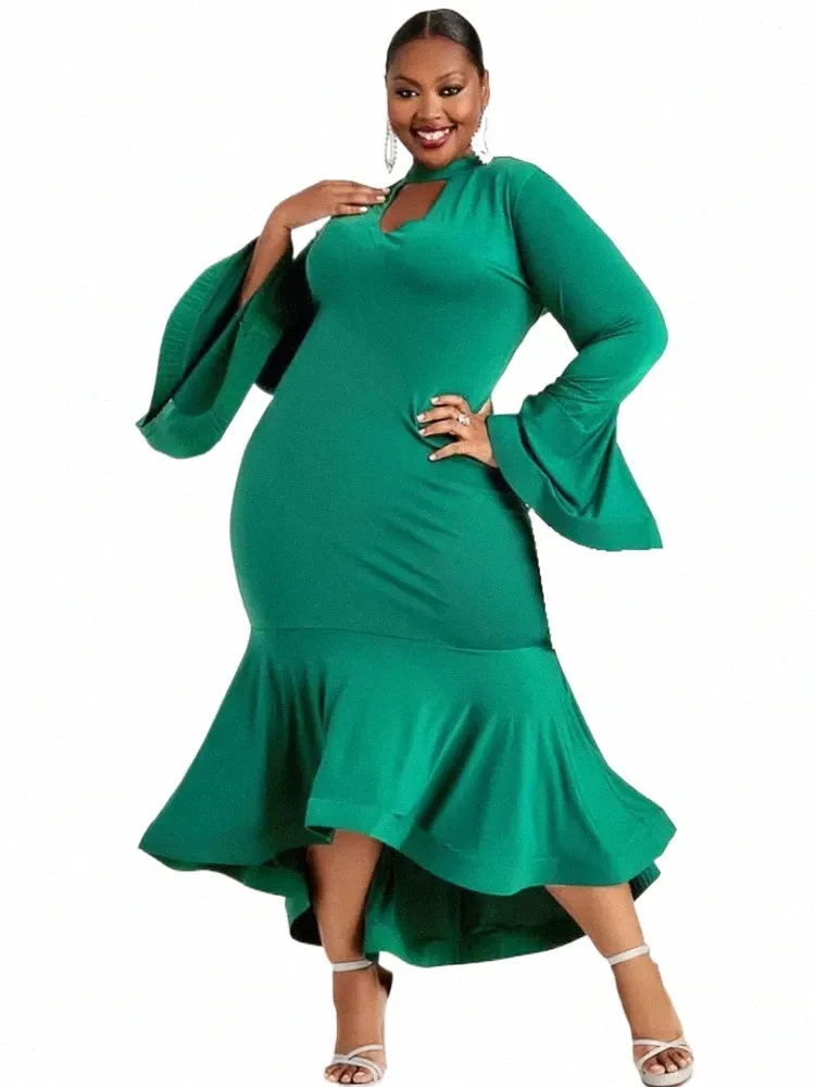 Aomei Unregelmäßige Party Kleider Plus Größe Grün Ausschnitt Lg Flare Sleeve Satin Bodyc Meerjungfrau Abend Event Kleider für Frauen 2024 o3lc #