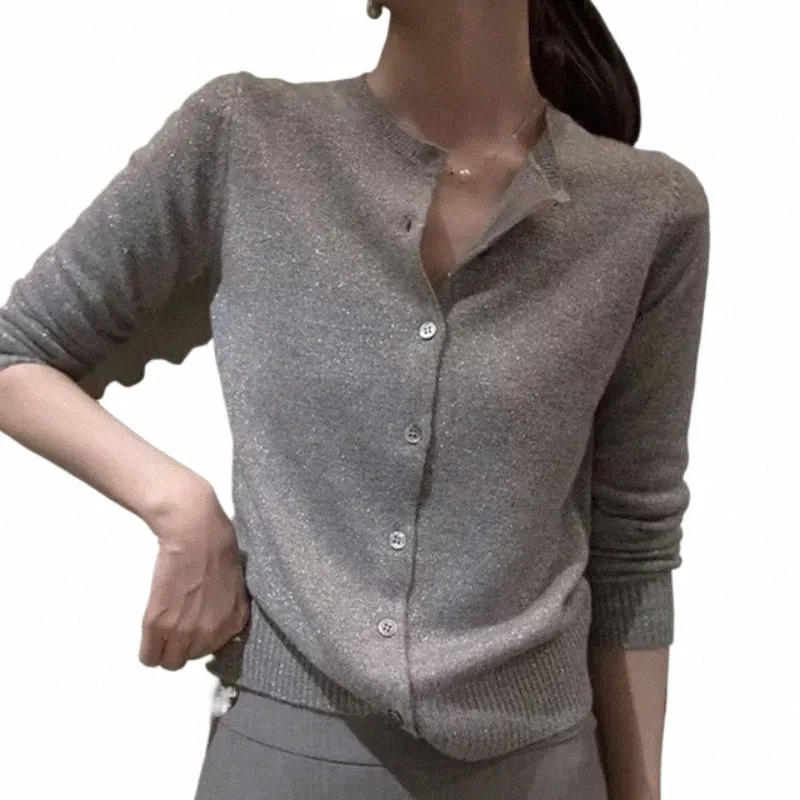 Frauen Pullover Rhineste Pailletten Glitter Cardigan Butt Knit Tops für Frau Grau Ecomics Harajuku Fi Kleidung PH307 C8B7 #