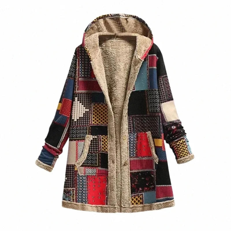 Invierno Vintage mujer estampado Cott abrigo polar chaqueta con capucha grueso cálido bolsillo LG manga prendas de vestir exteriores talla grande Casual suelto nuevo 85km #