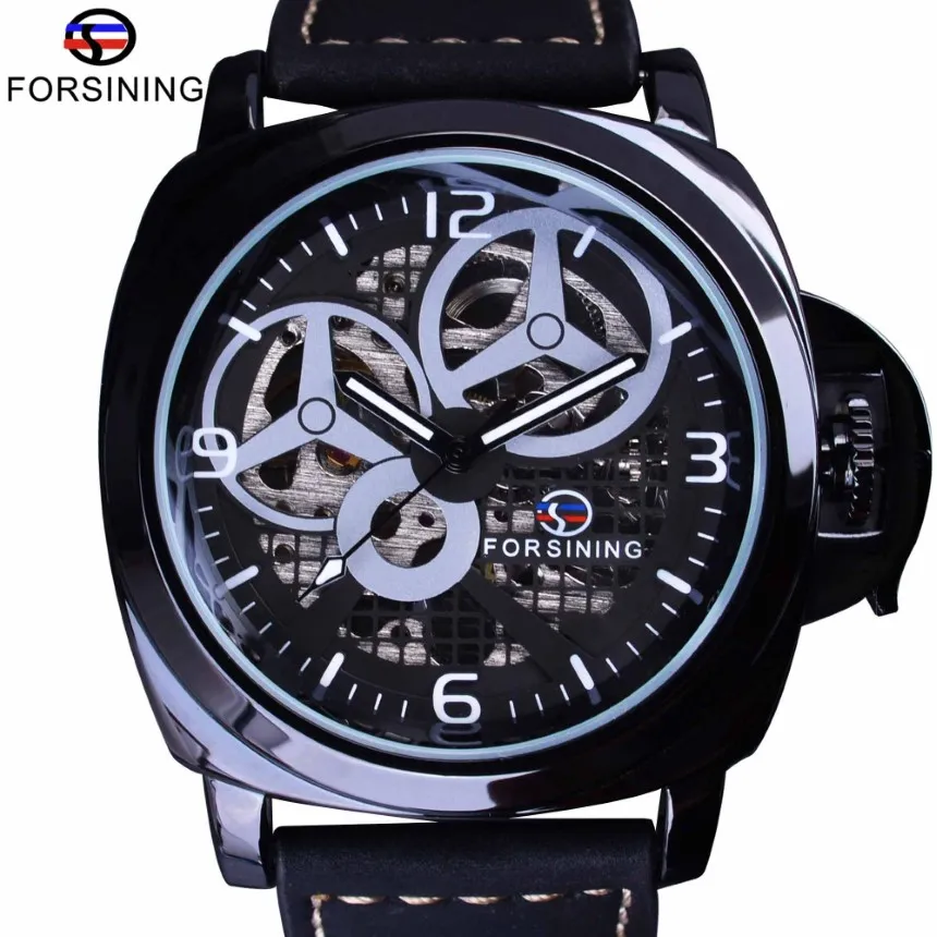 ForSining Full Black Watch Skeleton Case Windmill Designer Suede Strap Military Watch Men Watch Top Brand Luxury Automatic Wrist W213Q