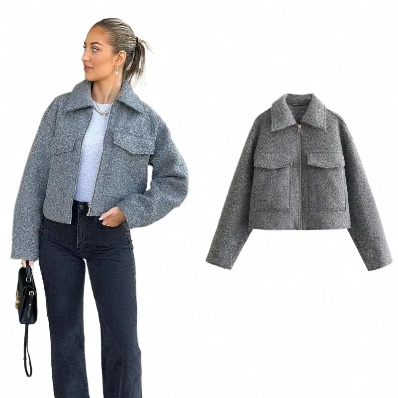 traf Outono Inverno Cropped Jacket para Mulheres Casaco Curto Tweed Jaqueta Zip Crop Demi-seas Jaqueta Mulher Nova em outerwears n7hD #