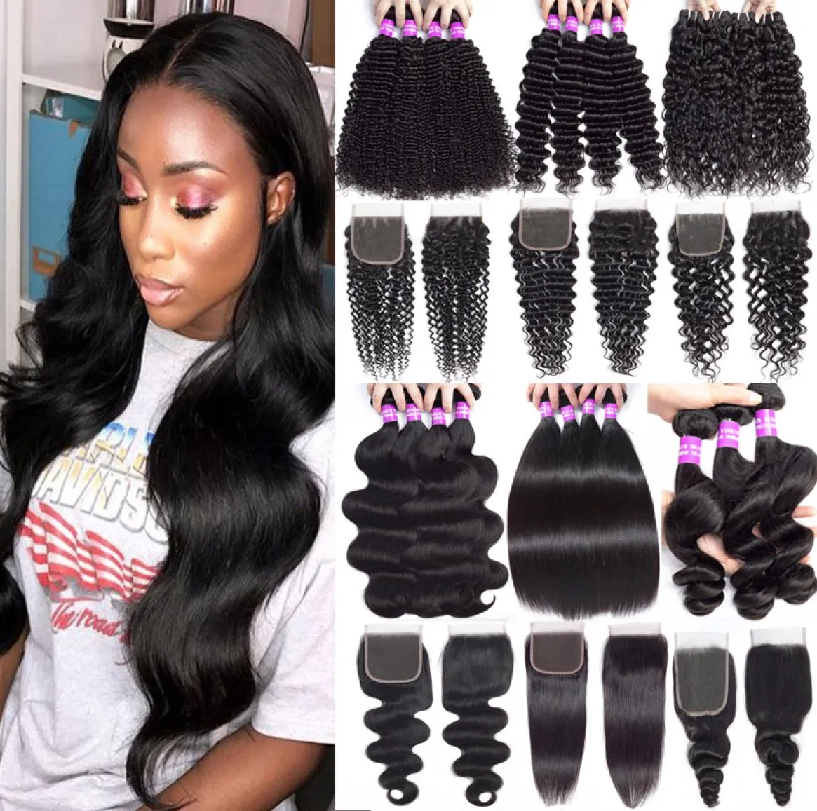 9A Malaysian Deep Wave Curly Virgin Human Hair Bundles With Closure Human Hair Weave Body Wave Bundles With 4x4 Lace Closure Hair 6520425