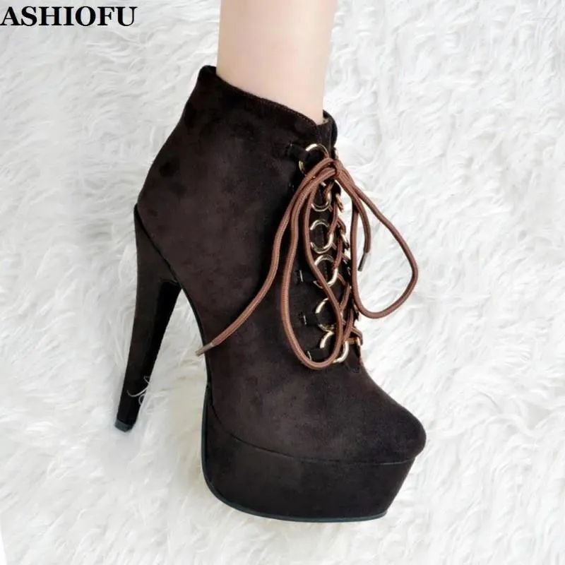 Boots Ashiofu Style Dames High Heel Platform Cross Shoelace Party Prom Ankle Real Pos Evening Club Fashion