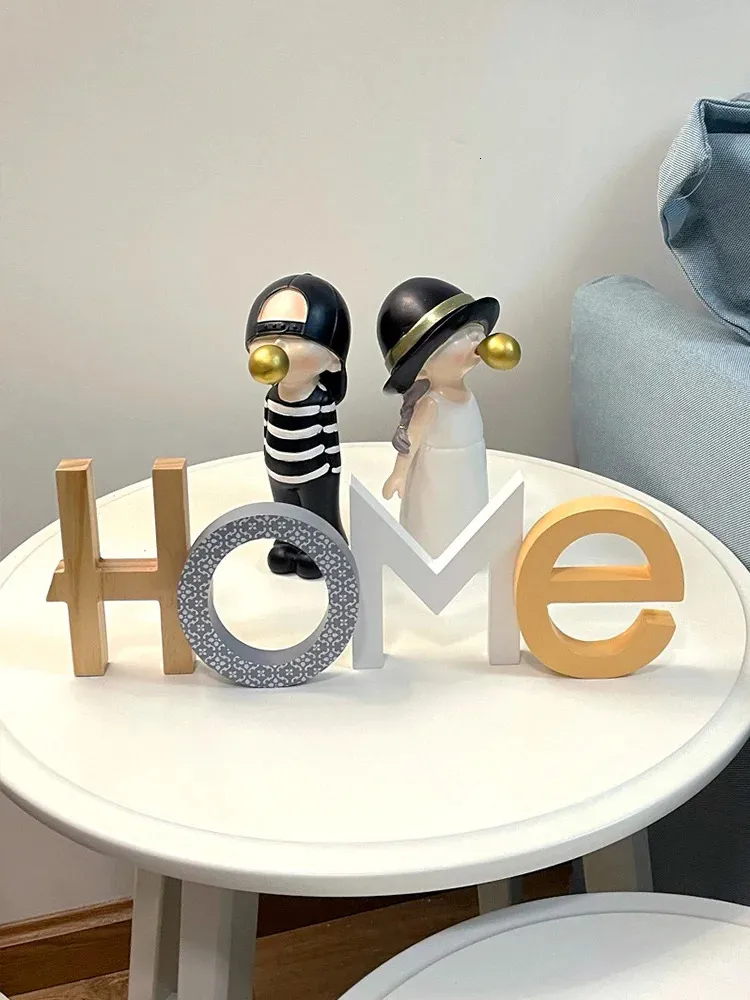 Home Decoration Accessories Livingroom Letter Figure Sculptures Figurines Desk Accessory Modem Style Wood Decorative Objects 240318