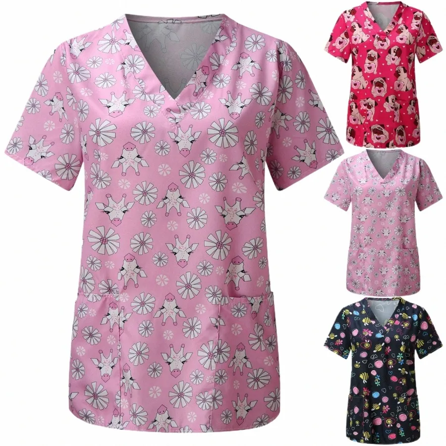 Mulheres Scrub Top Com V-Neck Floral Dog Print Scrub Uniformes Fina Enfermeira Scrub Tops Para Mulheres Blusa De Manga Curta Túnica De Saúde 68SK #