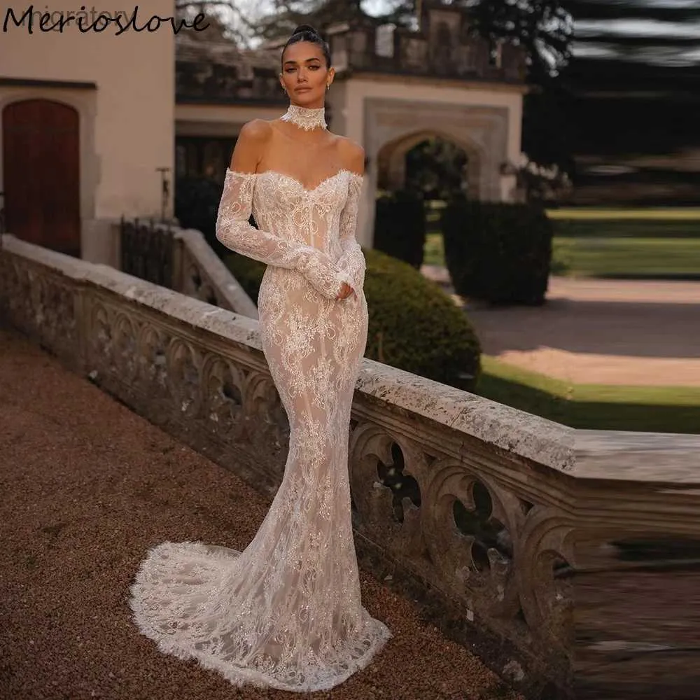 Boho Mermaid Wedding Dress Sexy Lace Appliques, Sweetheart Neckline, Long  Sleeves, Beach Bridal Gown, Urban Chic Style