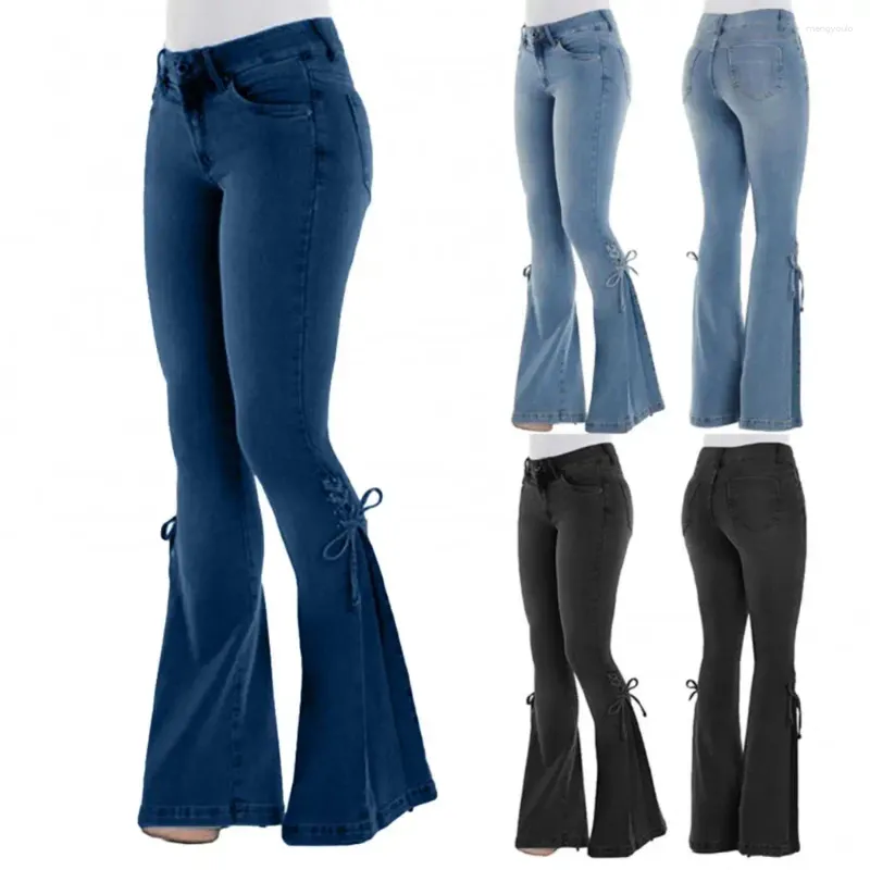 Jeans pour femmes femmes évasées taille haute denim pantalon vintage à lacets arc maigre grande taille jambe large pantalon décontracté streetwear