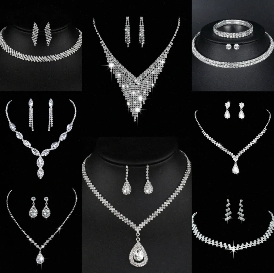 Conjunto de joyería de diamantes de laboratorio valioso, collar de boda de plata esterlina, pendientes para mujer, joyería de compromiso nupcial, regalo e6Qg #