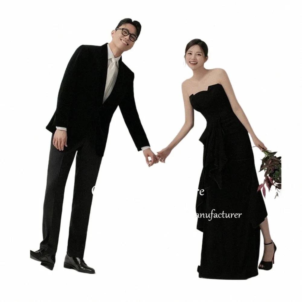 oloey Simple A Line Black Korea Evening Dres Strapl Soft Satin Floor Length Formal Party Dr Wedding Photoshoot U5w1#