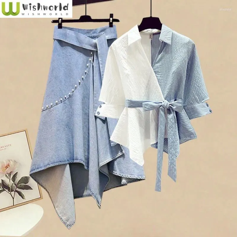 Robes de travail d'été bleu patchwork chemise en mousseline de soie hauts à lacets irréguliers jupe courte en jean deux pièces ensemble élégant pour femmes tenues décontractées