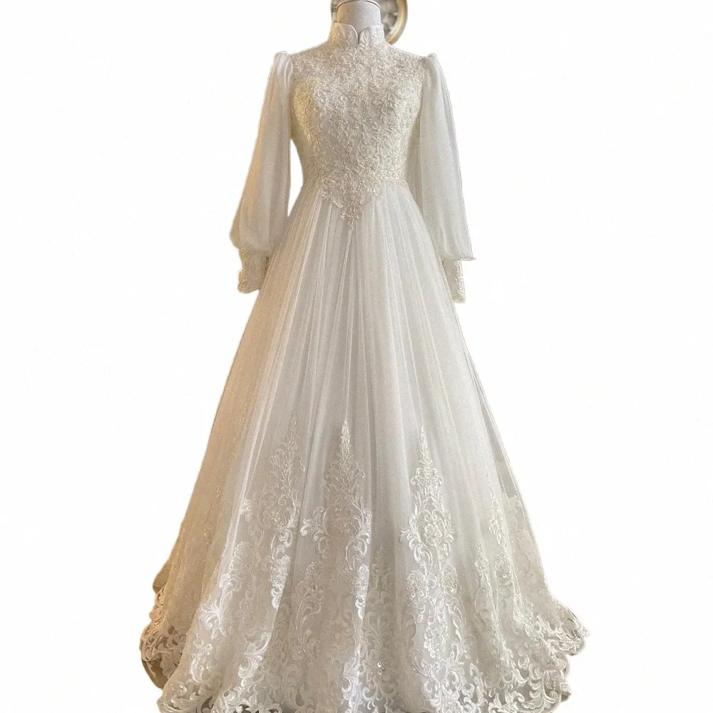 Ciynsia Dubai Avorio musulmano Matrimoni in pizzo Dres 2024 Collo alto Hijab Abito da sposa per la sposa Maniche lunghe Vestido De Casamento Q38G #