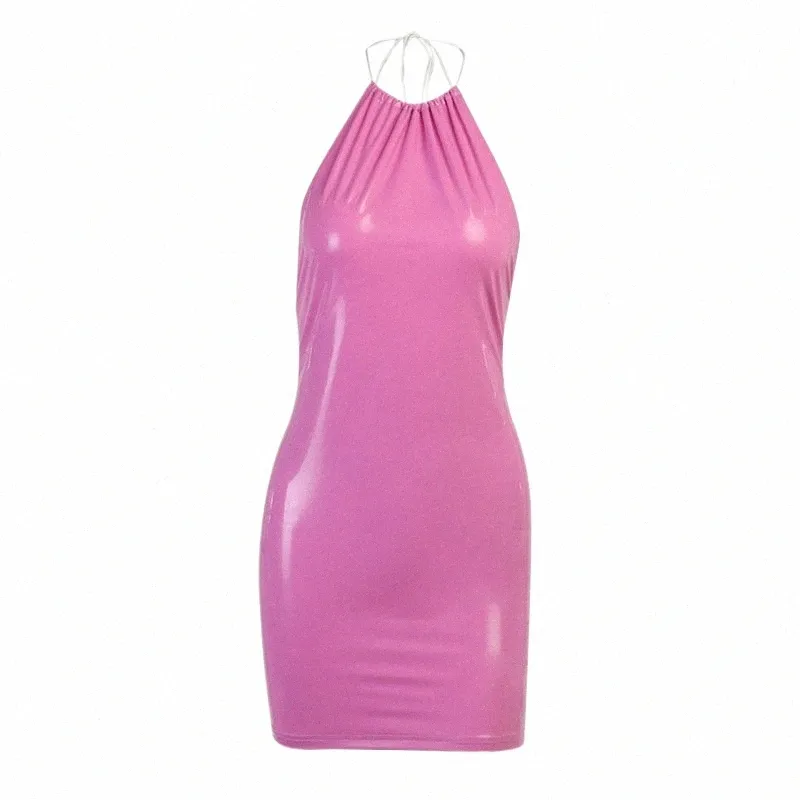 Nightclub Pu Leather Mini Dr Women 2022 Ny Halter Tight Sexy Bodyc Sleevel Backl Summer Dres Pink Black C8cx#