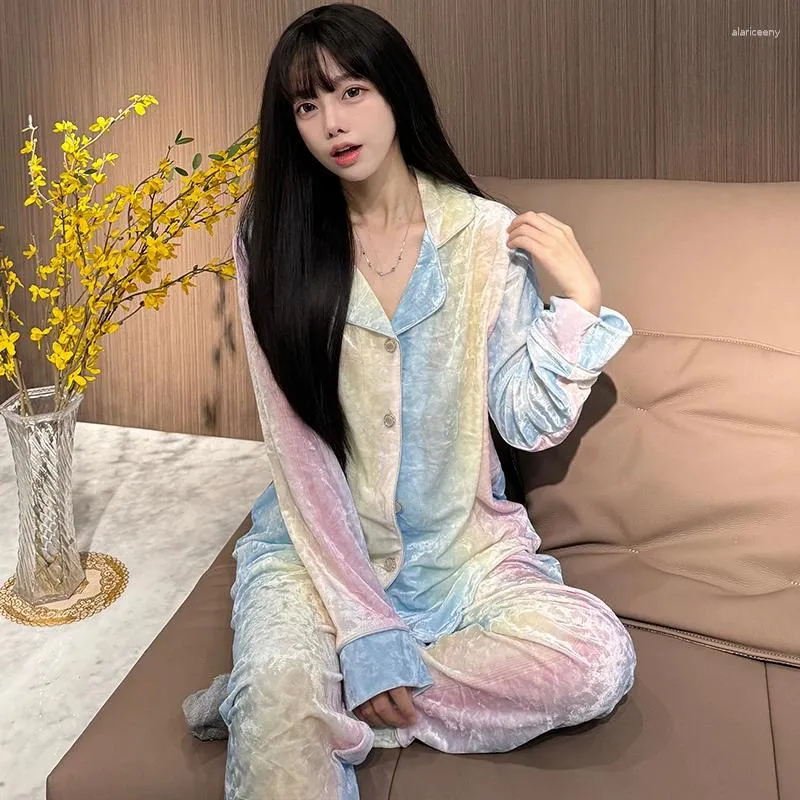Kvinnors sömnkläder Princess Autumn Winter Pijama Fashion Gold Velvet Pyjamas Set koreanska byxor Hemma kläder pyjama