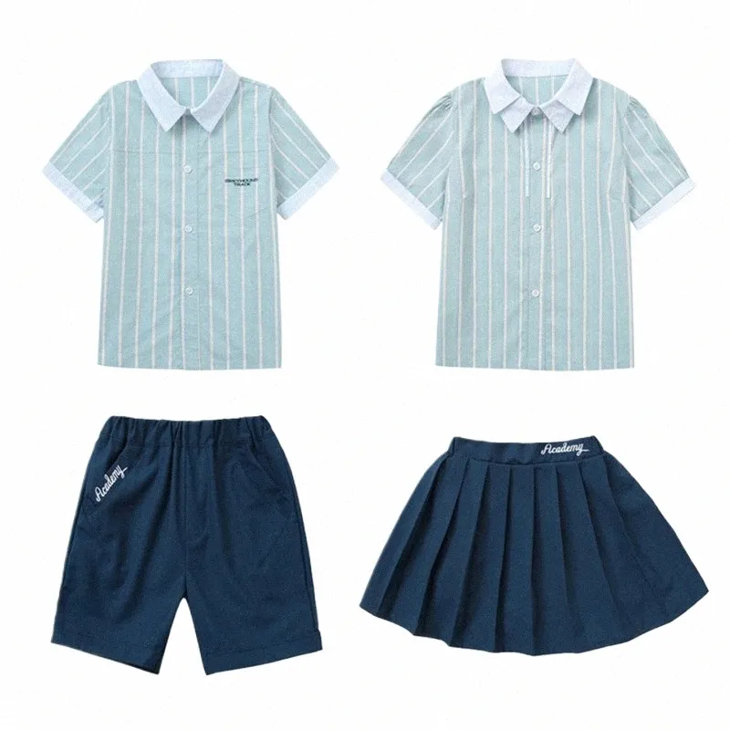Британский стиль Одежда для детского сада Униформа для начальной школы Летняя рубашка в вертикальную полоску Темно-синяя юбка Шорты Студенческая одежда y6go #