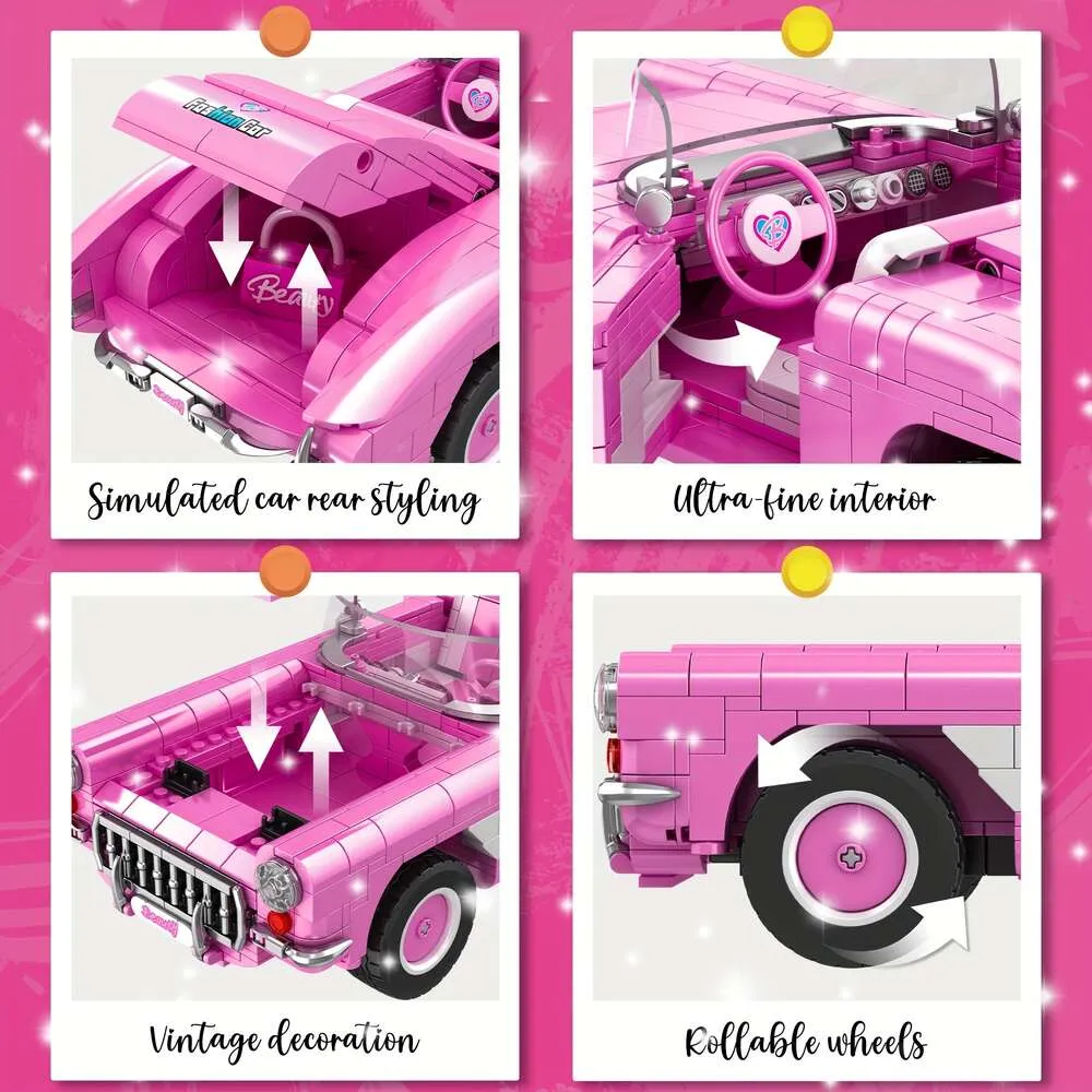 Игрушки-блоки для детей, розовый открытый верх с дорожным знаком и сумкой принцессы, модель кабриолета, набор для сборки коллекционных моделей автомобилей «сделай сам» 898 шт.