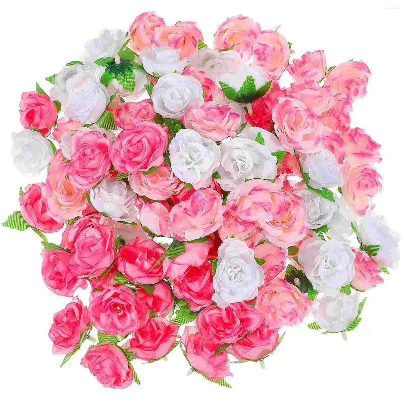 Fiori decorativi Piccola rosa Bocciolo di tè Fai da te Tenda con perline Simulazione Testa di fiore (bordo rosa bianco punto rosa) Confezione mista a tre colori 100 pezzi