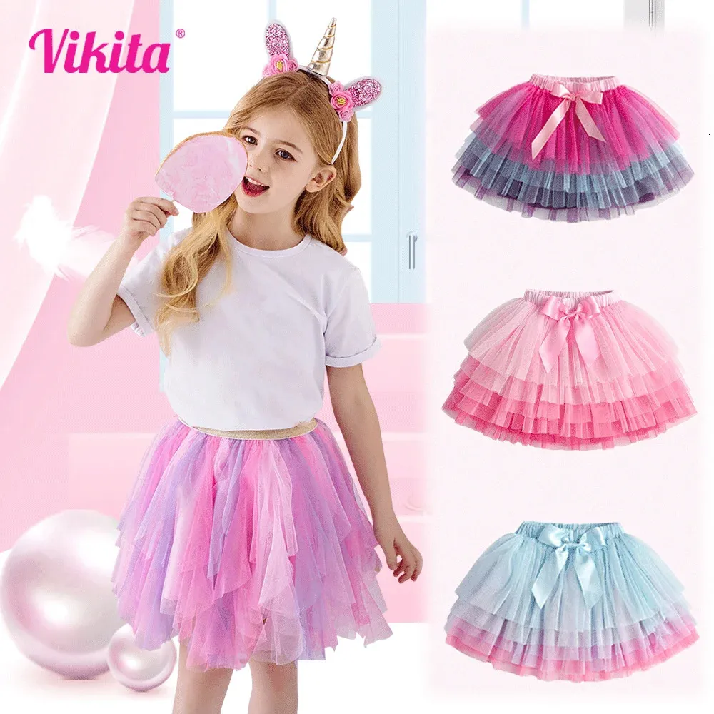 Girls Tutu Sequins Skirts Kids Clothes Bow Layered Skirts Princess Pleated Skirt Kids Mesh Skirt Girls Children Party Clothes 240325