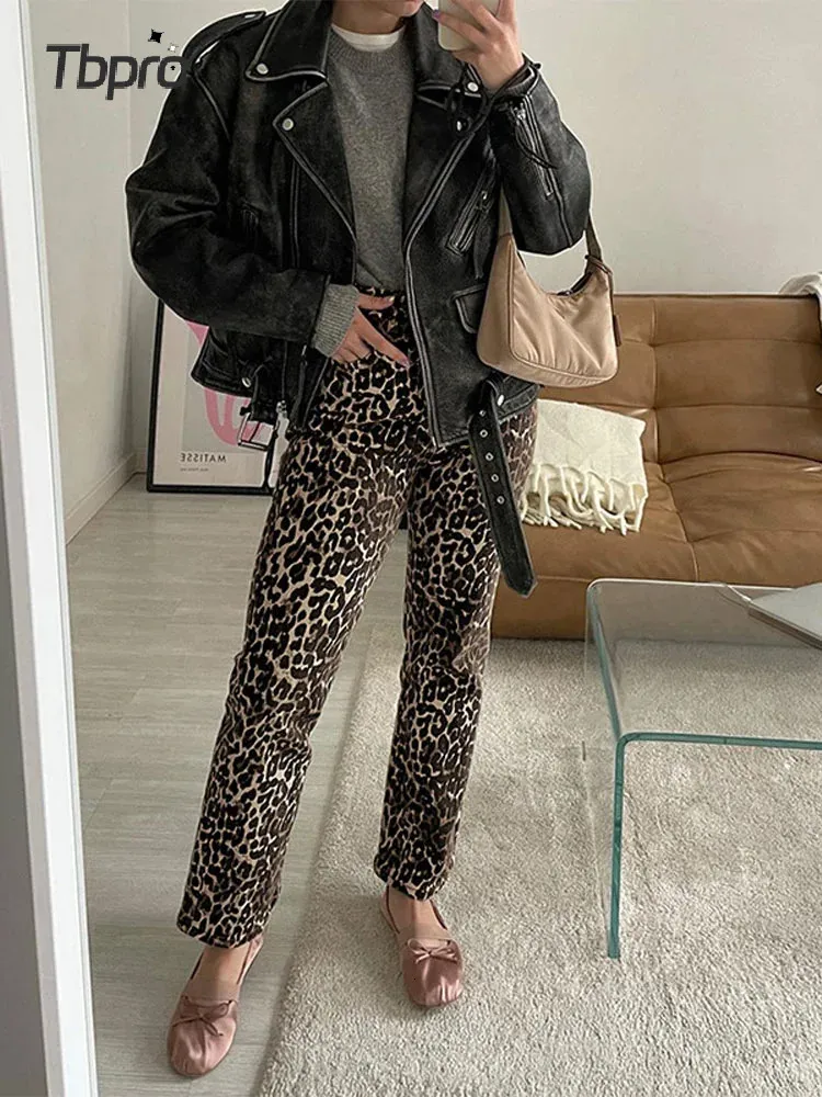 Retro Chic Leopard Print Pencil Pants for Women Fashion Casual High midja Long Pant Spring Female Pending Trousers 240319