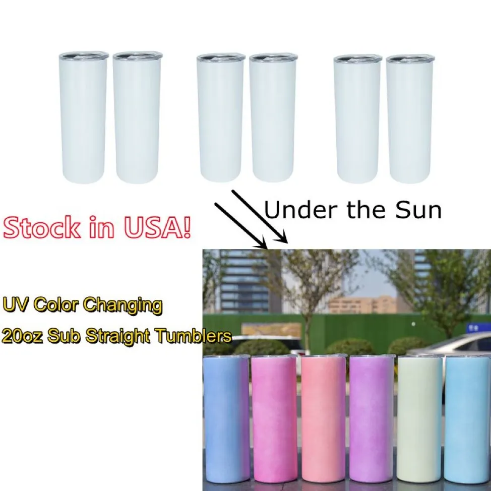 Stock in USA 20oz Sublimation Straight Skinny Tumbler Sunlight Sensing Stainless Steel Insulated Vacuum UV Color Changing Tumblers309e