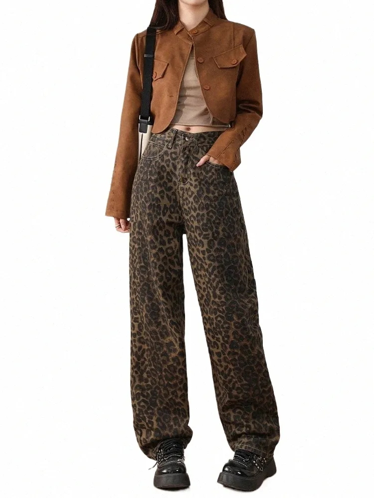 Calças de brim de cintura alta mulheres fi leopardo impressão vintage perna larga denim calças 2024 novo streetwear retro casual y2k jeans baggy p1gg #