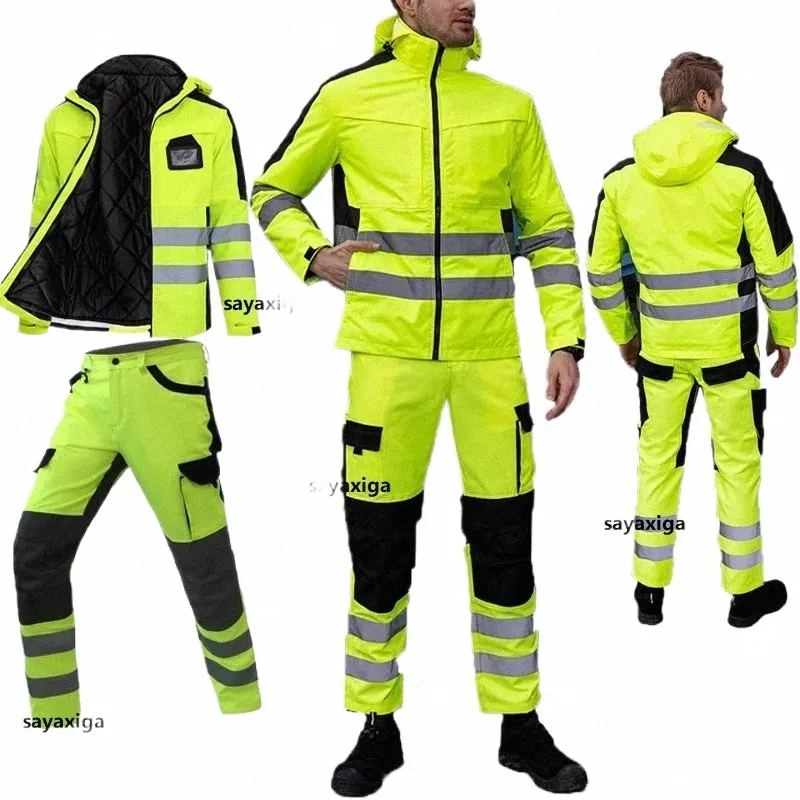 hi Vis Work Clothing Working Suit For Man Mechanic Warm Winter Reflective Safety Work Coveralls Detachable Cott Padded Linner F0lw#