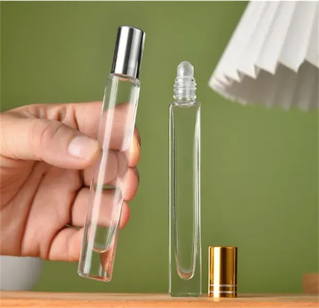 Empty Square Glass Roll On Bottles 10ml Essential Oil Perfume Bottle with Matte Black/White Color Stainless Steel Roller Ball JL1614