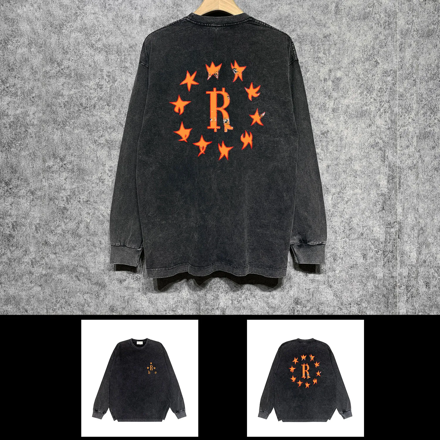 Lässige Designer-Damenbekleidung ZCHRH114 Orange Star Print Wash Old Langarm-T-Shirt R140W1309 T-Shirt Männer und Frauen Markenoberteil