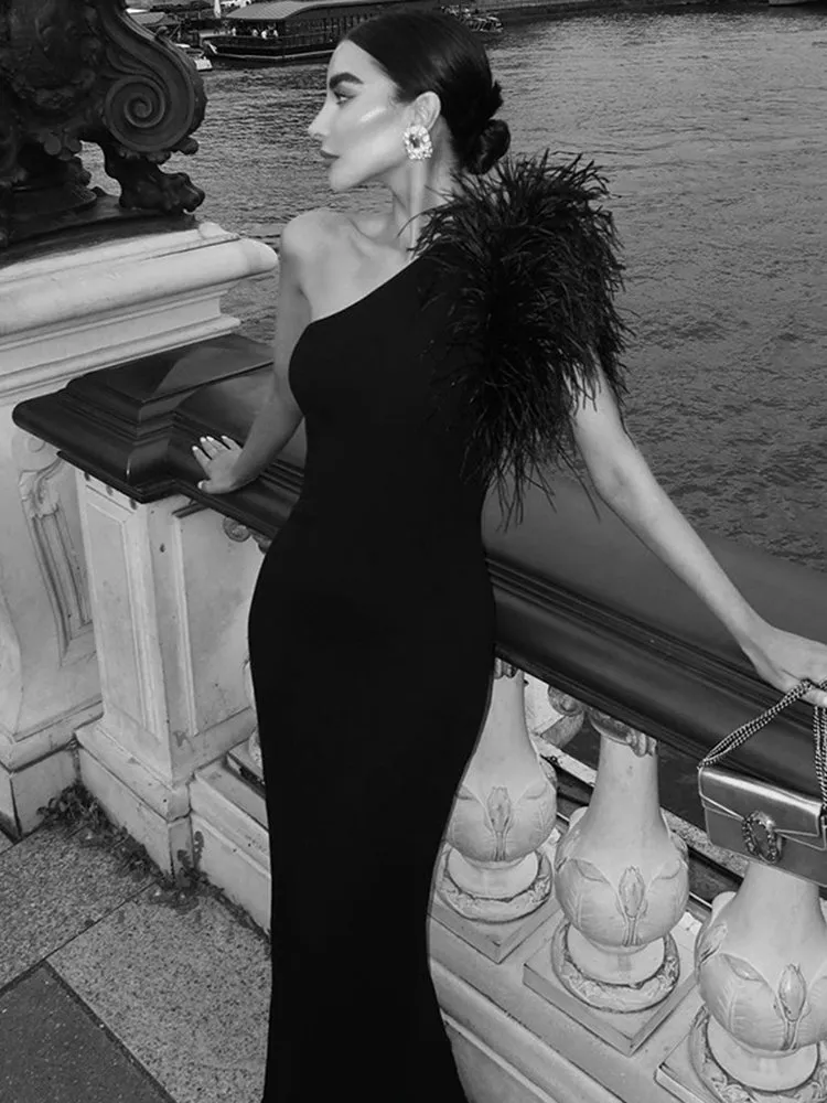 Black Chiffon One Shoulder Feather Maxi Dress for Women with Short Sleeve  and Natural Waistline Ankle-Length from Dhgate Urban Sexy Dresses - price  5.03