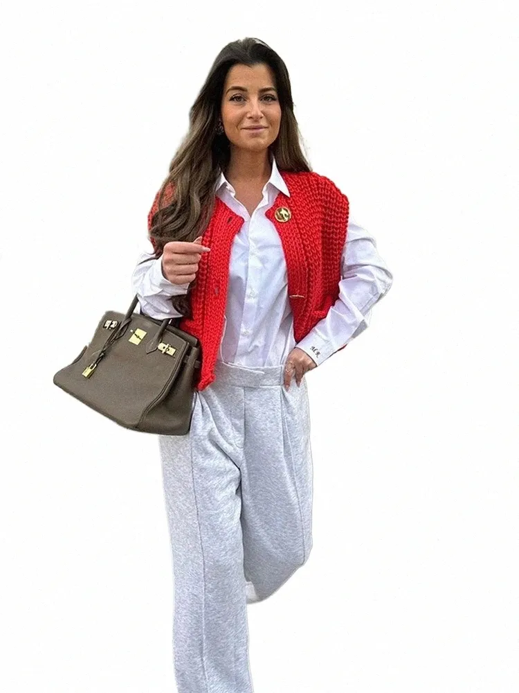 Fi Red Cardigan tricoté pour femmes Casual Sleevel Pull à simple boutonnage 2024 Printemps Automne O Cou Tricots High Street W8zq #