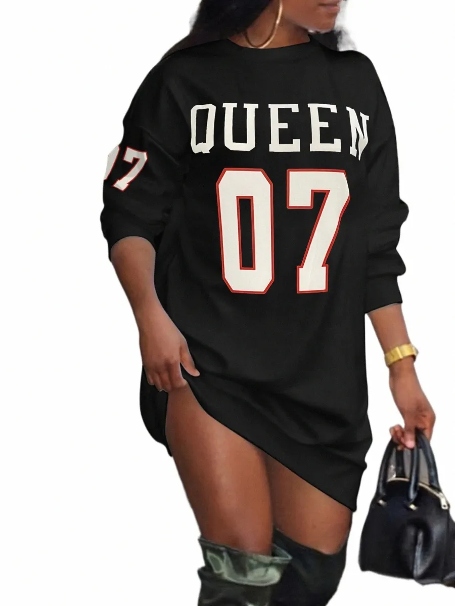 LW Plus Size Queen Letter Print Streetwears Löst fit T-shirt Dr Summer Women's Round Neck Short Sleeve Black Loose Dr A53X#