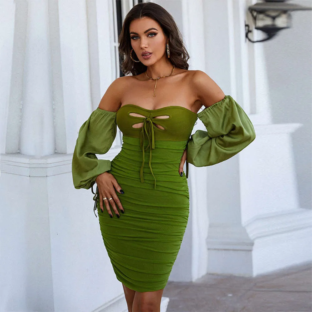 Printemps femmes pansement vert Sexy creux mode une ligne cou bulle manches robe 586428