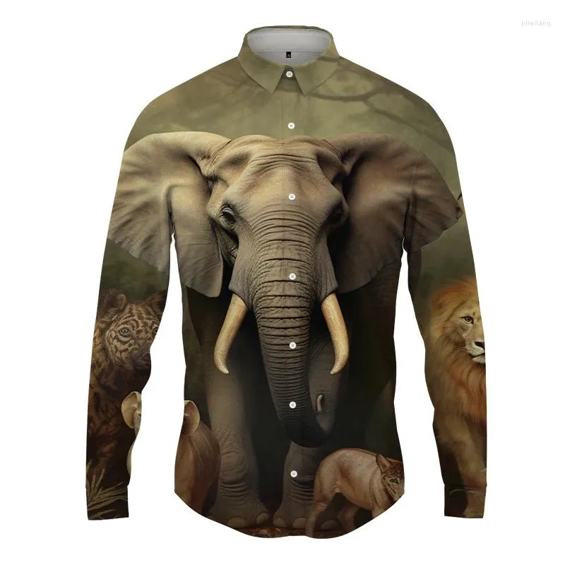 Męskie koszule 3D Elephant Printing Shirt Spring and Autumn Fashion Gettling Hawaiian Long -Sleeved Street