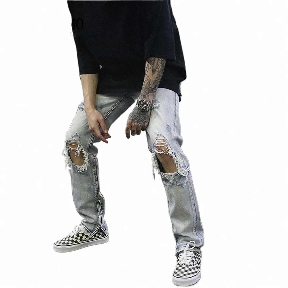 Streetwear Fi noir déchiré jean hommes maigre coupe ajustée bleu Hip Hop Denim pantalon Jeans décontractés pour hommes Jogging jean homme 42BS #