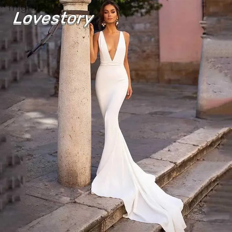 Vestidos sexy urbanos praia sereia casamento para noiva cintas de espaguete sem costas vestidos de noiva com decote em v vestido de trem longo vestidos de novia yq240329