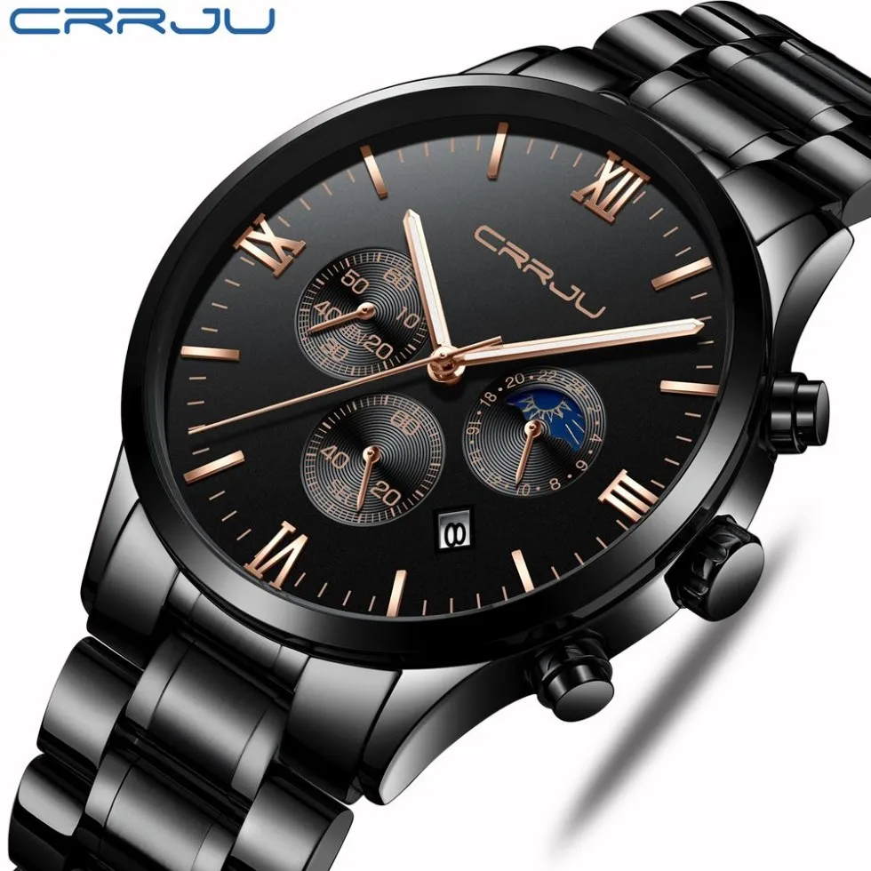 Crrju Men kwarc ze stali nierdzewnej Watch Waterproof Timing Luminous Calendar Mens Watches Top Marka luksusowa zegarek Relogio Masculino268t