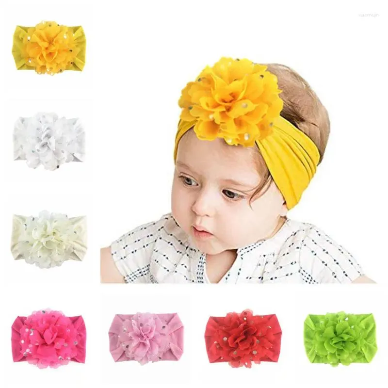 Accessoires pour cheveux, bandeau à fleurs en mousseline de soie pour filles mignonnes, large bande en nylon extensible pour bébés, couvre-chef pour enfants