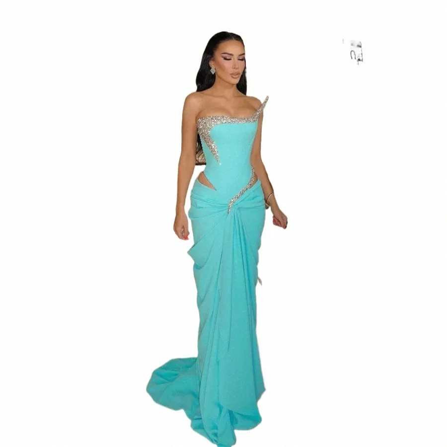 stunning Blue Prom Dres Beaded Crystals Women Evening Gowns Red Carpet Strapl Ruffles Chiff Celebrity Formal Party Dr 02Mr#