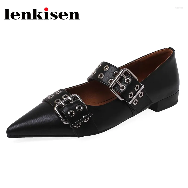 Casual Shoes Lenkisen Cow Split Leather Pointed Toe Low Heel Brand Buckle Decoration Young Lady Streetwear Fashion Cozy Women Pumps L00