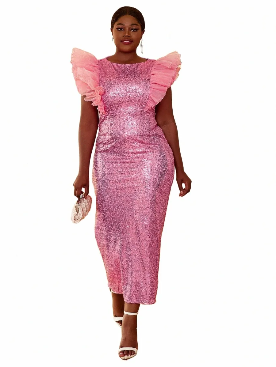 Plus Size Pink Sequin Chiffon Evening Dress with Ruffle Flutter Sleeve and Empire Waist Ankle-Length from Dhgate Urban Sexy Dresses - price 4145.05 Plus Size Pink Sequin Chiffon Evening Dress with Ruffle Flutter Sleeve and Empire Waist Ankle-Length from Dhgate Urban Sexy Dresses - price 4145.05