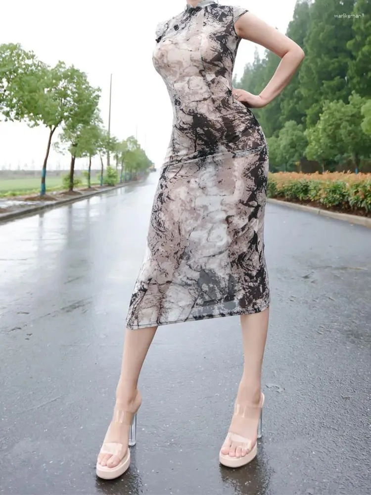 DHgate Elegant Transparent Long Dress for Women Sexy Exposure Night Club Outfit Slim Body Summer Sale Apparel