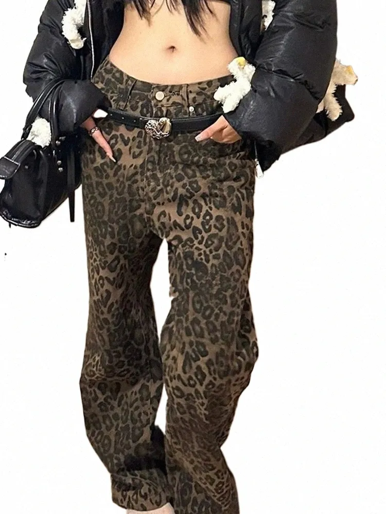 Baggy Leopard Print Jeans Women Korean Fi Wide Leg High Maist Peombly Boyver Jeans Loose Y2K Overdimensionerade Hip Hop Denim Trousers R4CA#