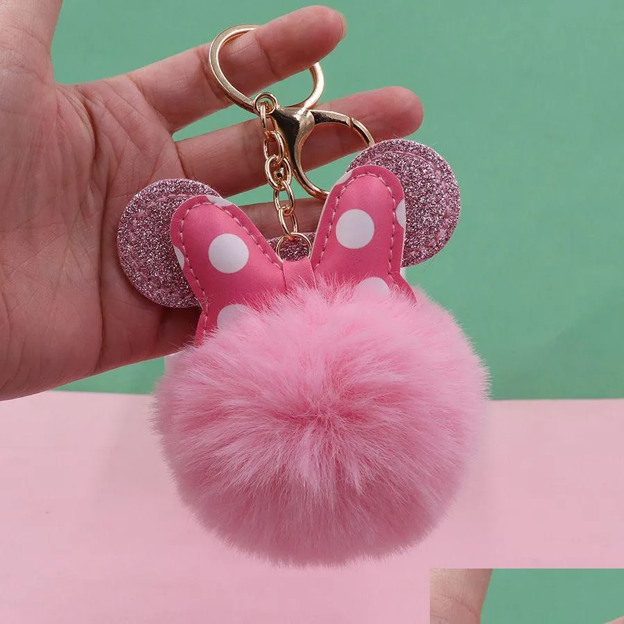 Portachiavi Simpatici Catene con pompon Accessori per gioielli Fiocco a pois Design del mouse Fluffy finto coniglio Palla di pelo Portachiavi Donna Ragazze Auto Scho Dhafh