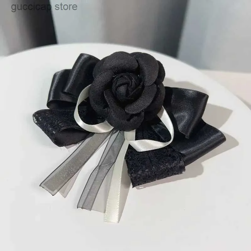 Bow Ties Vintage Camellia Lace Ribbon Bow Tie Brooch Handmade Jewelry Corean Womens College Style Suit Suit Suities Explistory Flowers Y240329