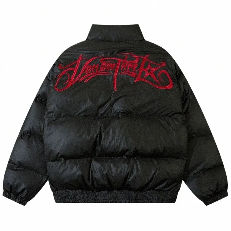 Zimowe gęste ciepłe kurtki mężczyźni parkas street harajuku haft litera gwiazda wodoodporna płaszcza unisex hip hop luźna marna A74D#