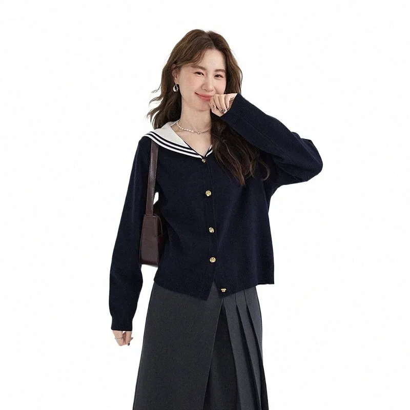 Autumn Winter Women Navy Blue Sticke Cardigans Ströja Lossa japansk söt singel Breasted Sailor Collar Jumper Preppy Style S8YU#